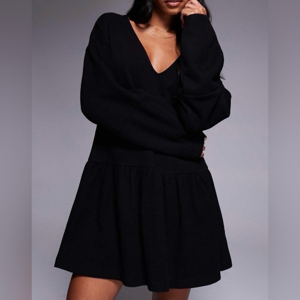 ASOS Design Supersoft V Front Dropped Waist Mini Dress Black US Size 14